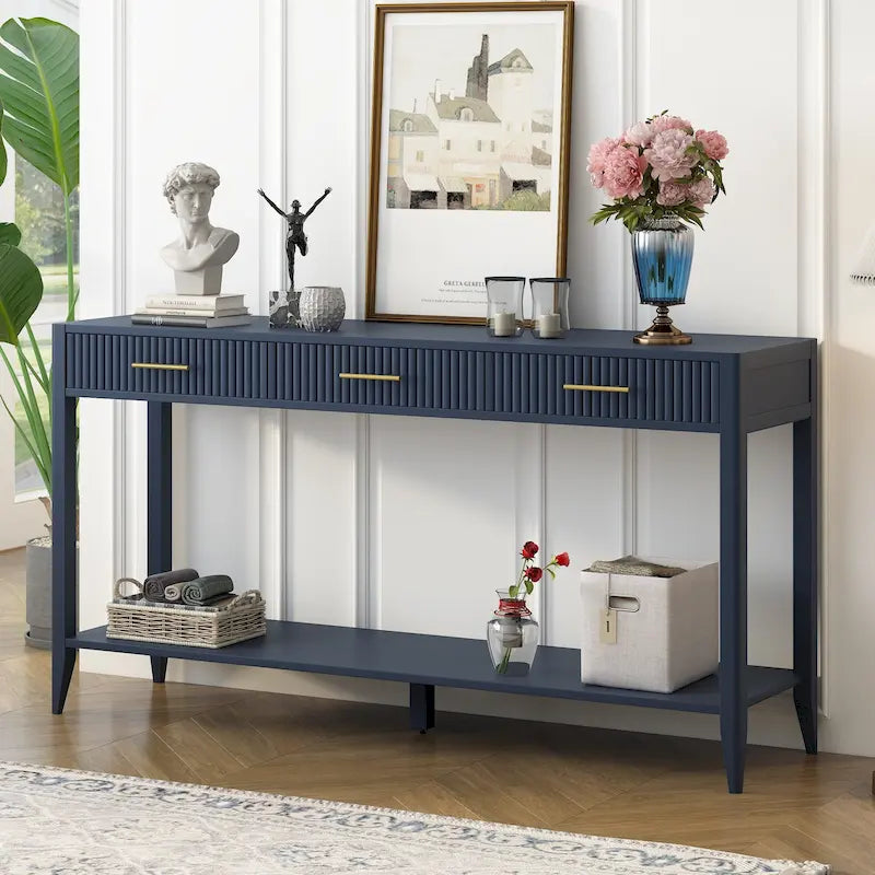 Console Table with Three Vertical Stripe Drawers and Long Legs