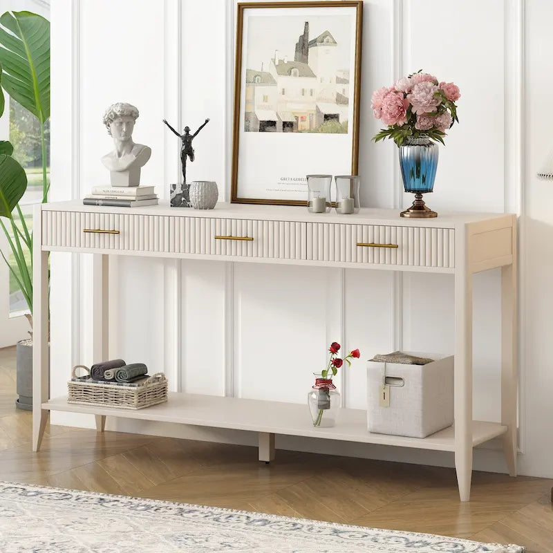Console Table with Three Vertical Stripe Drawers and Long Legs