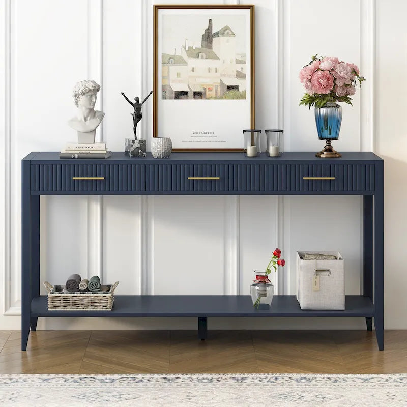 Console Table with Three Vertical Stripe Drawers and Long Legs