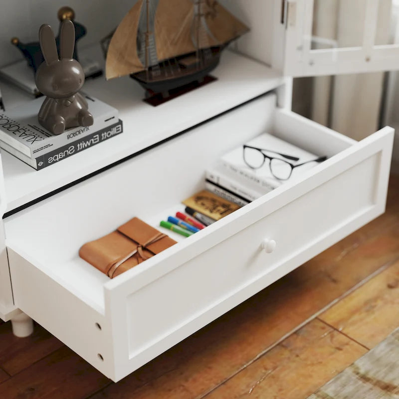 Minimalist White Buffet Cabinet with Double Glass Doors and Drawer, Modern Wooden Storage Sideboard Cupboard