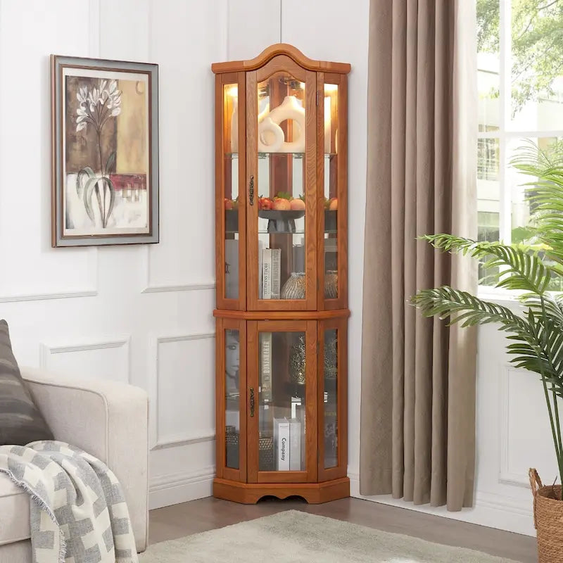 Curio Cabinet Lighted Glass Display Curio Cabinet w/Tempered Glass Doors and Shelves, Crown Corner Cabinet with Bulb