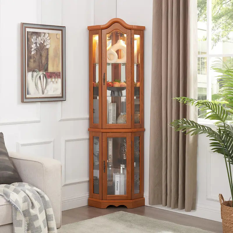 Curio Cabinet Lighted Glass Display Curio Cabinet w/Tempered Glass Doors and Shelves, Crown Corner Cabinet with Bulb