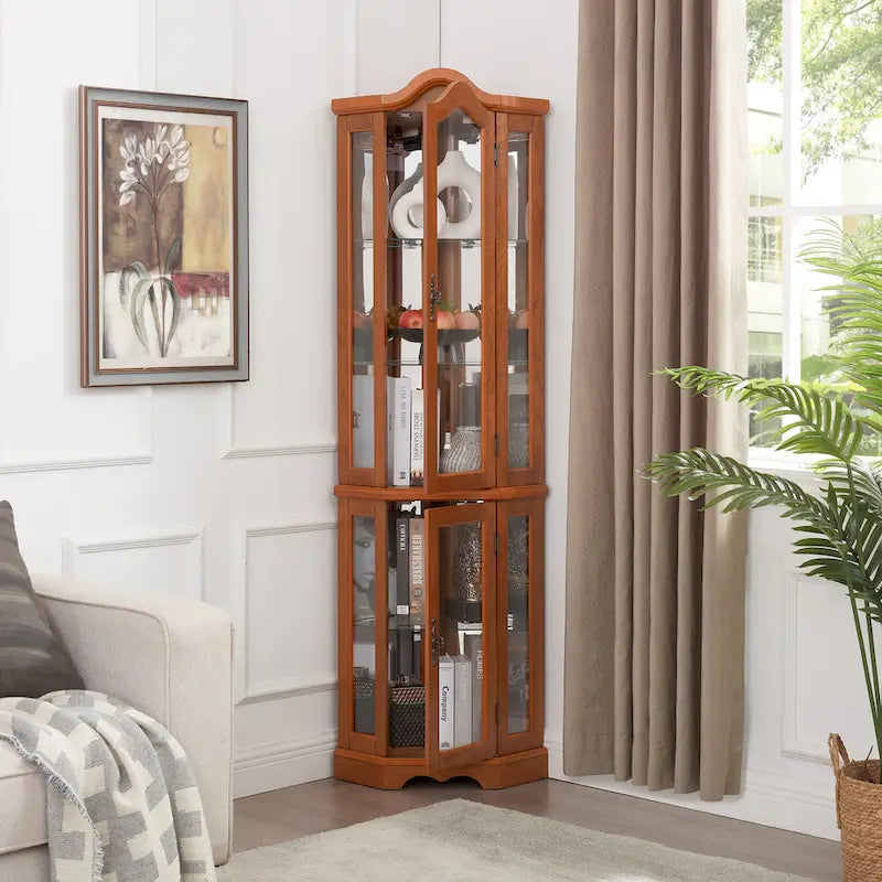 Curio Cabinet Lighted Glass Display Curio Cabinet w/Tempered Glass Doors and Shelves, Crown Corner Cabinet with Bulb