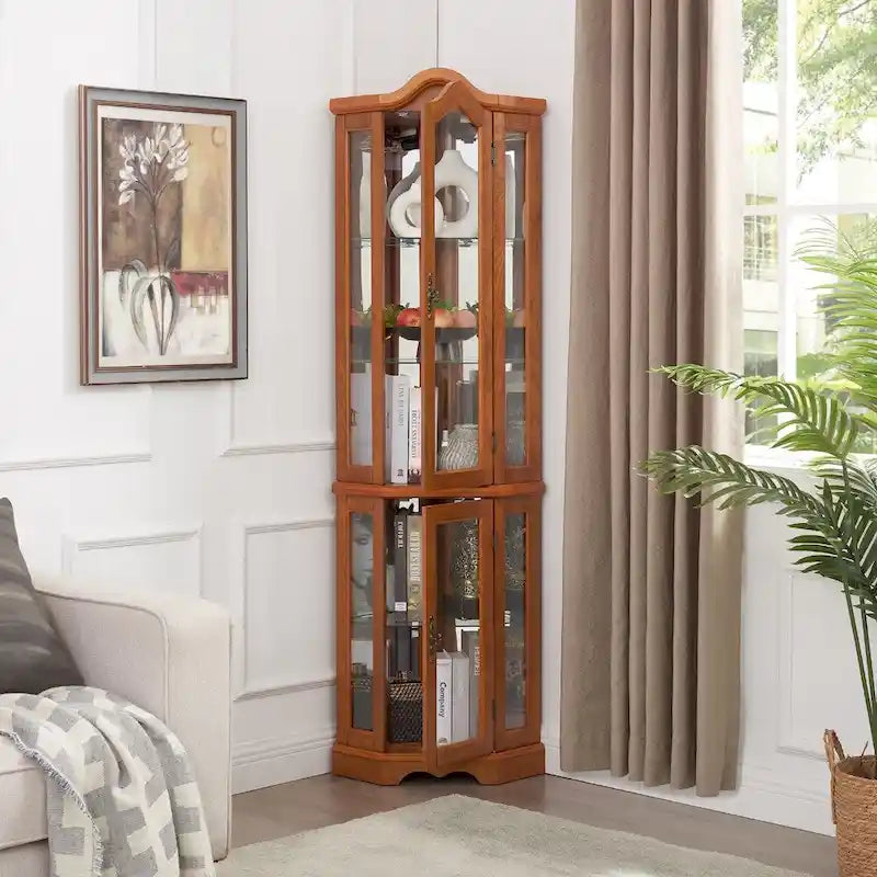 Curio Cabinet Lighted Glass Display Curio Cabinet w/Tempered Glass Doors and Shelves, Crown Corner Cabinet with Bulb