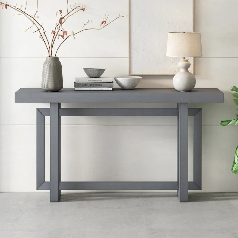Concrete-Style Console Table with Pine Wood Frame