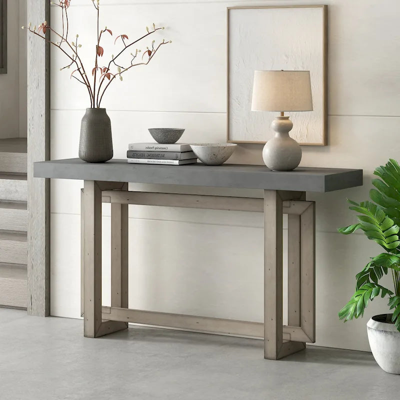 Concrete-Style Console Table with Pine Wood Frame