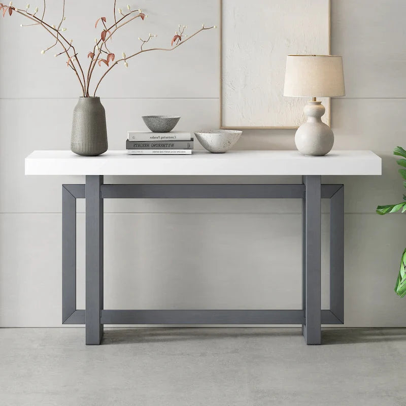 Concrete-Style Console Table with Pine Wood Frame