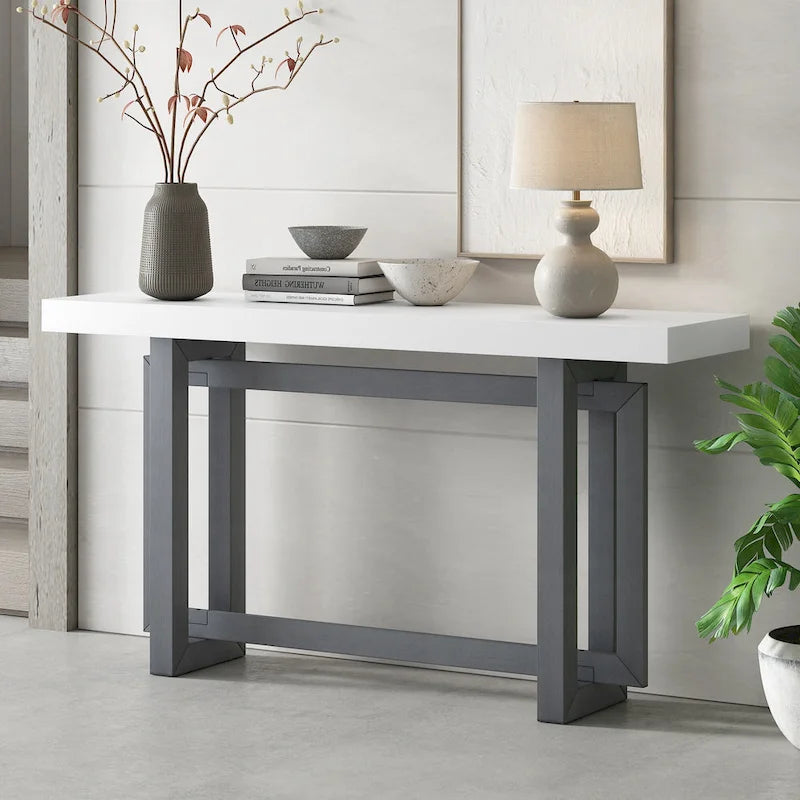 Concrete-Style Console Table with Pine Wood Frame