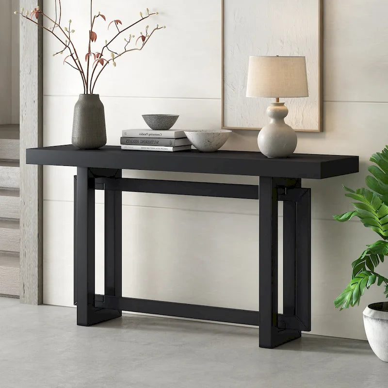 Concrete-Style Console Table with Pine Wood Frame