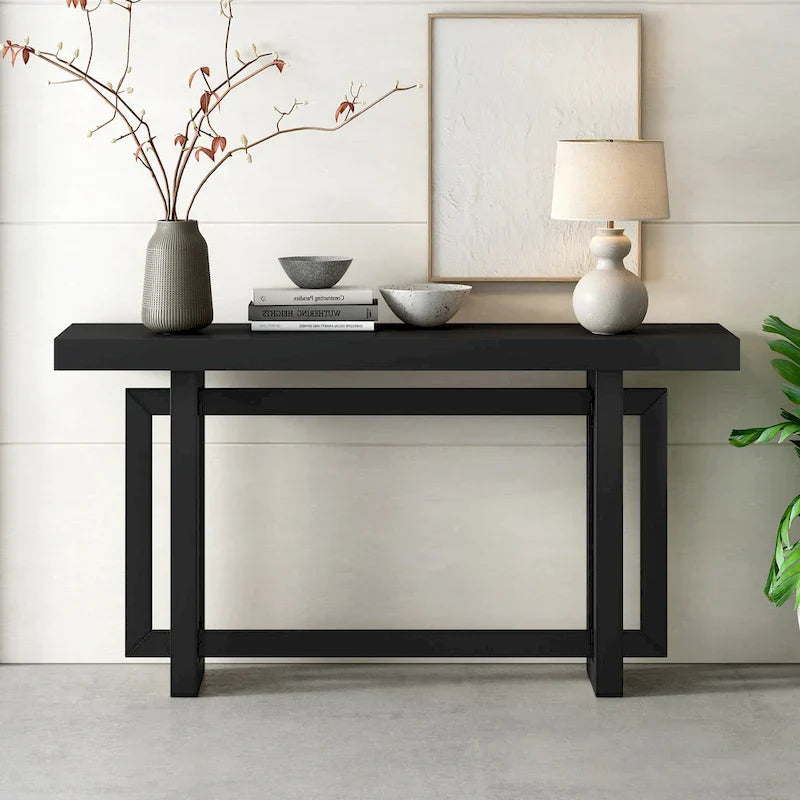 Concrete-Style Console Table with Pine Wood Frame