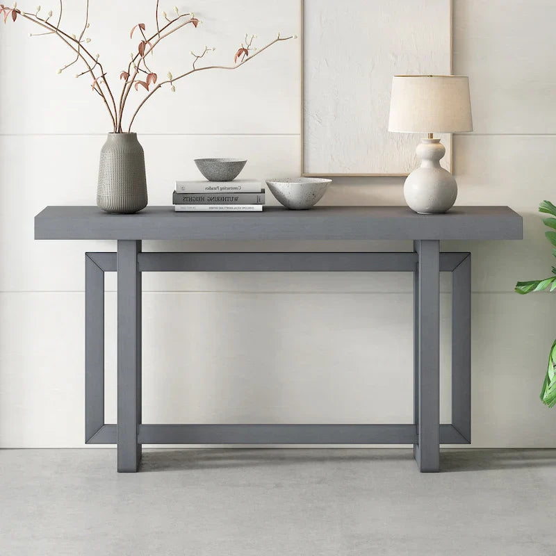 Concrete-Style Console Table with Pine Wood Frame