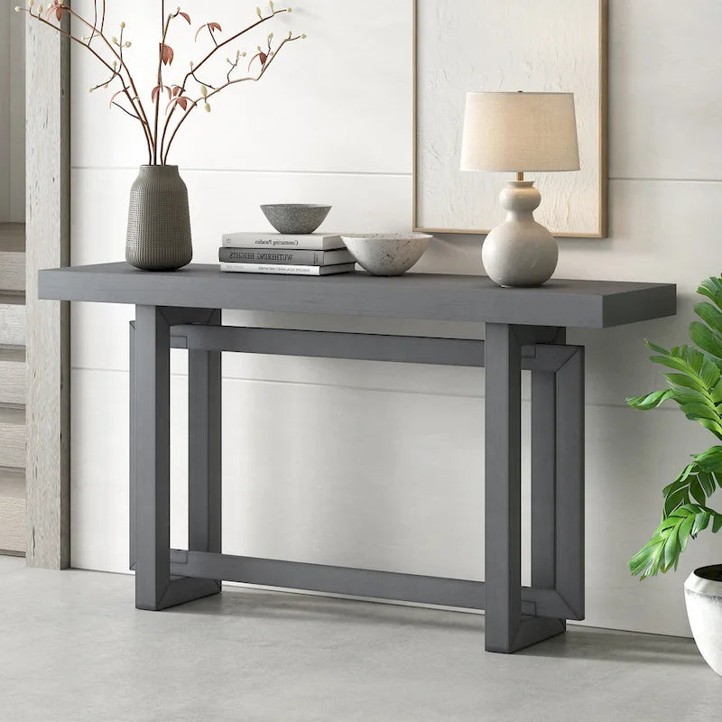 Concrete-Style Console Table with Pine Wood Frame