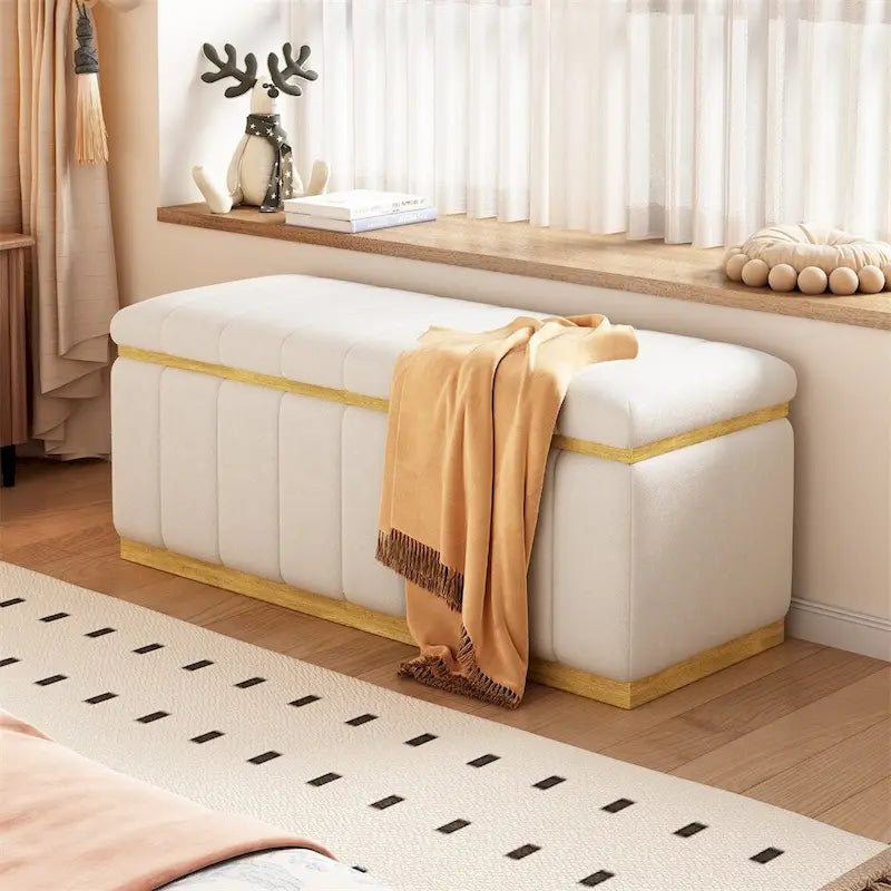 Modern storage bench linen Fabric Upholstered+Solid wood frame Bench