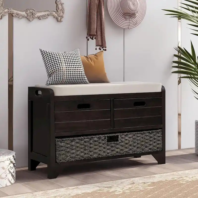 32 Farmhouse Versatile Entry Upholstered Storage Bench with 2 Drawers and Removable Basket