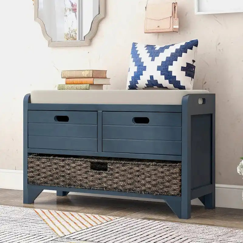 32 Farmhouse Versatile Entry Upholstered Storage Bench with 2 Drawers and Removable Basket