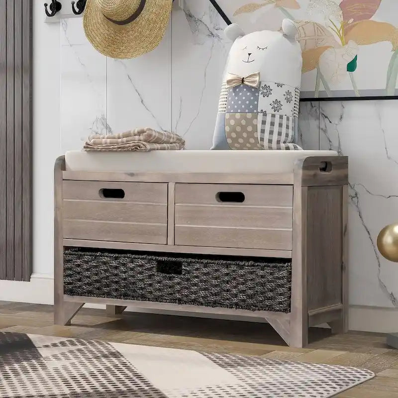 32 Farmhouse Versatile Entry Upholstered Storage Bench with 2 Drawers and Removable Basket