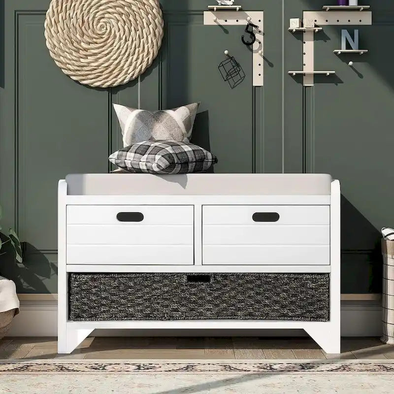 32 Farmhouse Versatile Entry Upholstered Storage Bench with 2 Drawers and Removable Basket