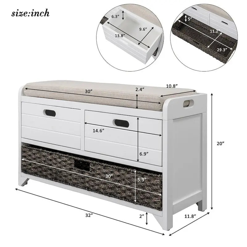 32 Farmhouse Versatile Entry Upholstered Storage Bench with 2 Drawers and Removable Basket