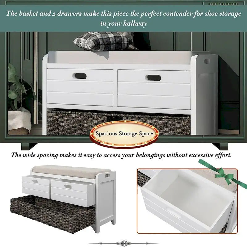32 Farmhouse Versatile Entry Upholstered Storage Bench with 2 Drawers and Removable Basket