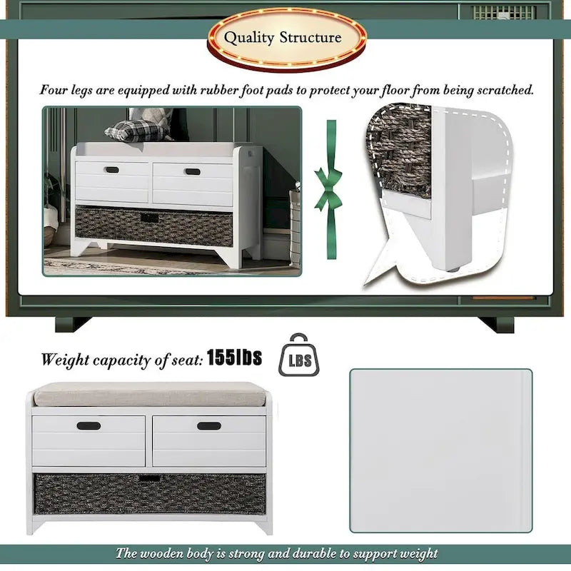 32 Farmhouse Versatile Entry Upholstered Storage Bench with 2 Drawers and Removable Basket