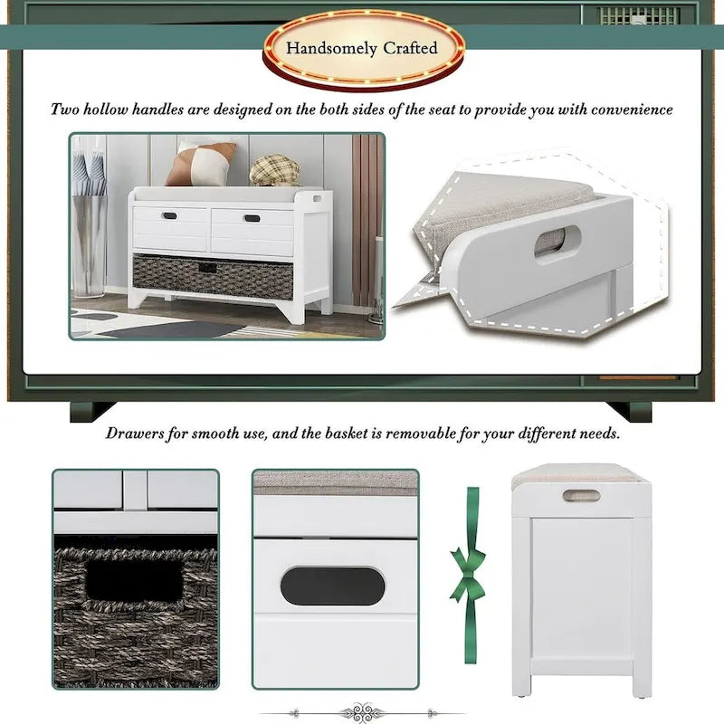 32 Farmhouse Versatile Entry Upholstered Storage Bench with 2 Drawers and Removable Basket