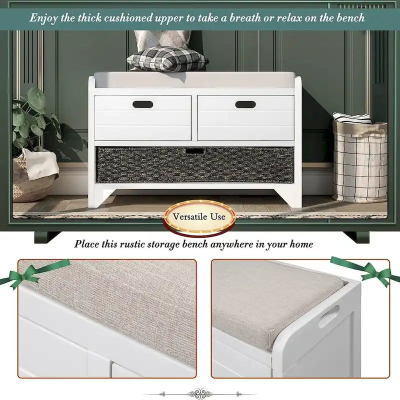 32 Farmhouse Versatile Entry Upholstered Storage Bench with 2 Drawers and Removable Basket