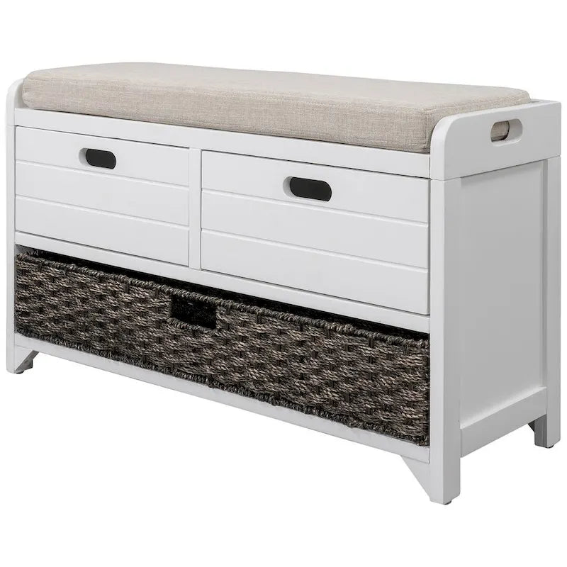 32 Farmhouse Versatile Entry Upholstered Storage Bench with 2 Drawers and Removable Basket