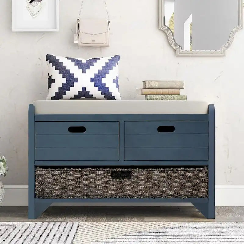 32 Farmhouse Versatile Entry Upholstered Storage Bench with 2 Drawers and Removable Basket