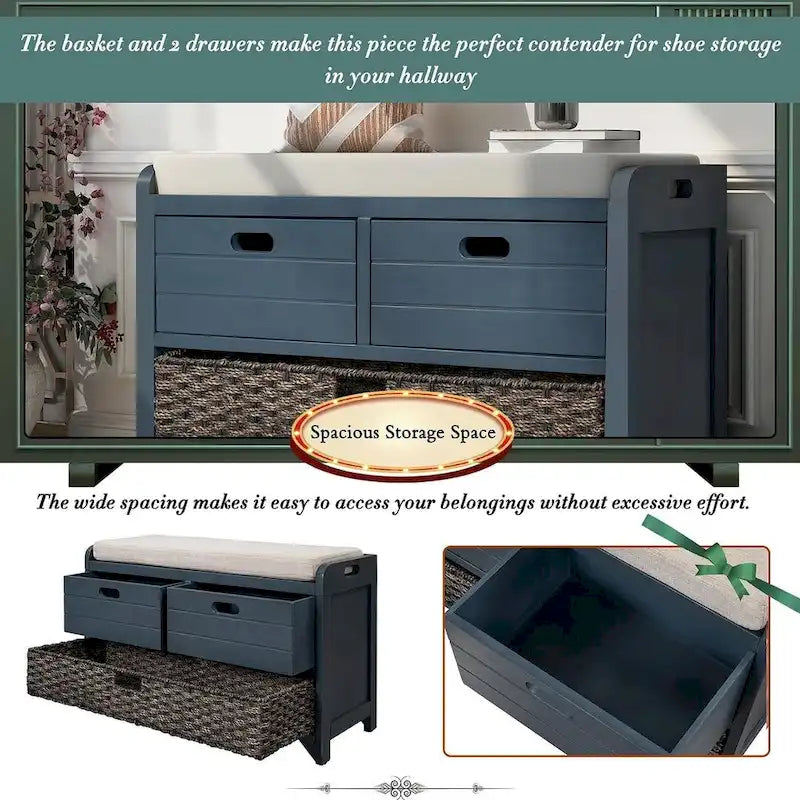 32 Farmhouse Versatile Entry Upholstered Storage Bench with 2 Drawers and Removable Basket