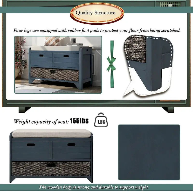 32 Farmhouse Versatile Entry Upholstered Storage Bench with 2 Drawers and Removable Basket