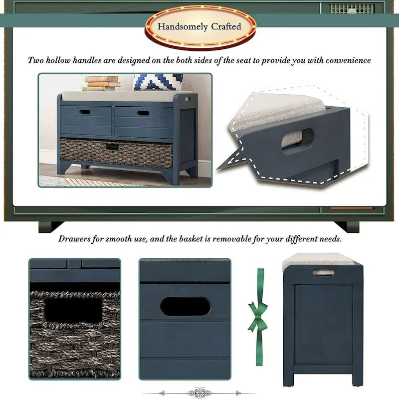 32 Farmhouse Versatile Entry Upholstered Storage Bench with 2 Drawers and Removable Basket