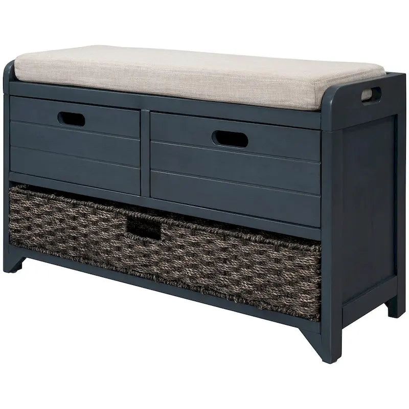 32 Farmhouse Versatile Entry Upholstered Storage Bench with 2 Drawers and Removable Basket