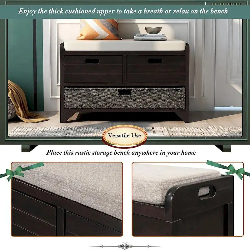 32 Farmhouse Versatile Entry Upholstered Storage Bench with 2 Drawers and Removable Basket