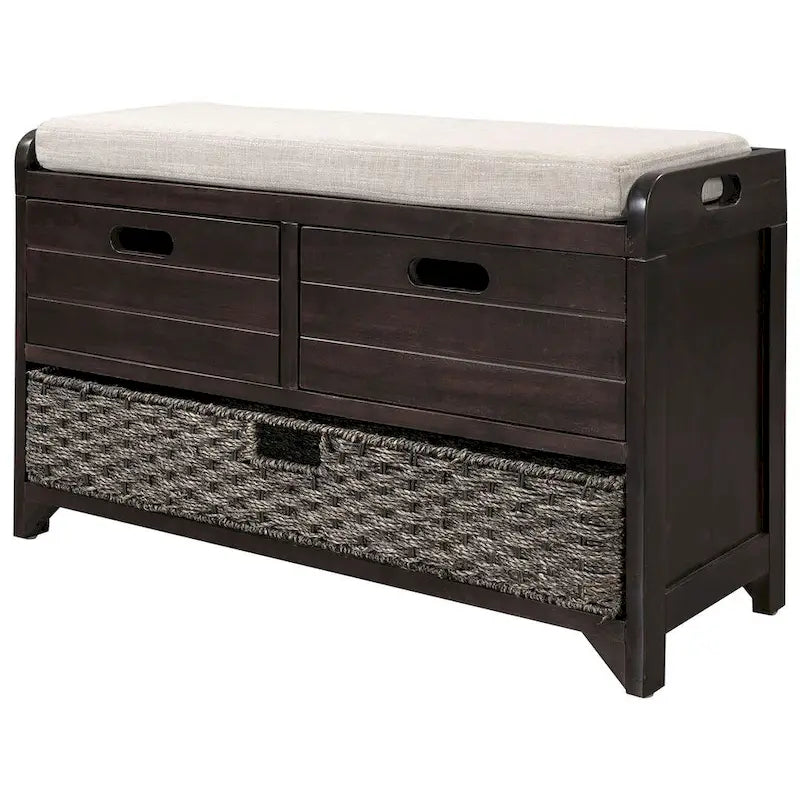 32 Farmhouse Versatile Entry Upholstered Storage Bench with 2 Drawers and Removable Basket
