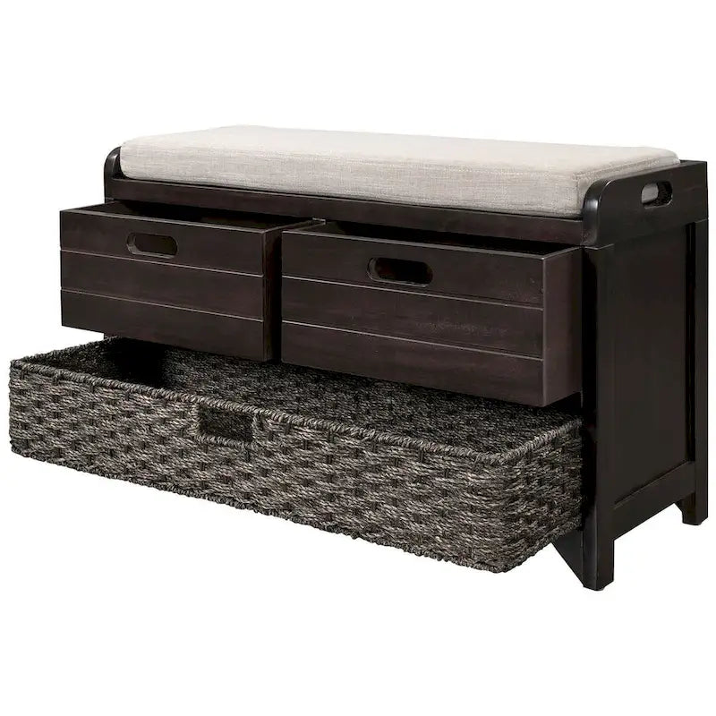 32 Farmhouse Versatile Entry Upholstered Storage Bench with 2 Drawers and Removable Basket