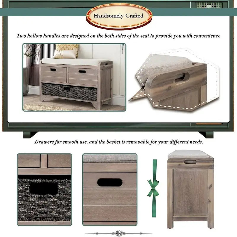 32 Farmhouse Versatile Entry Upholstered Storage Bench with 2 Drawers and Removable Basket