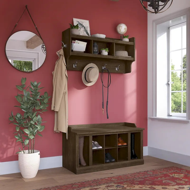 Woodland 40W Shoe Bench w/ Shelves & Wall Coat Rack by Bush Furniture