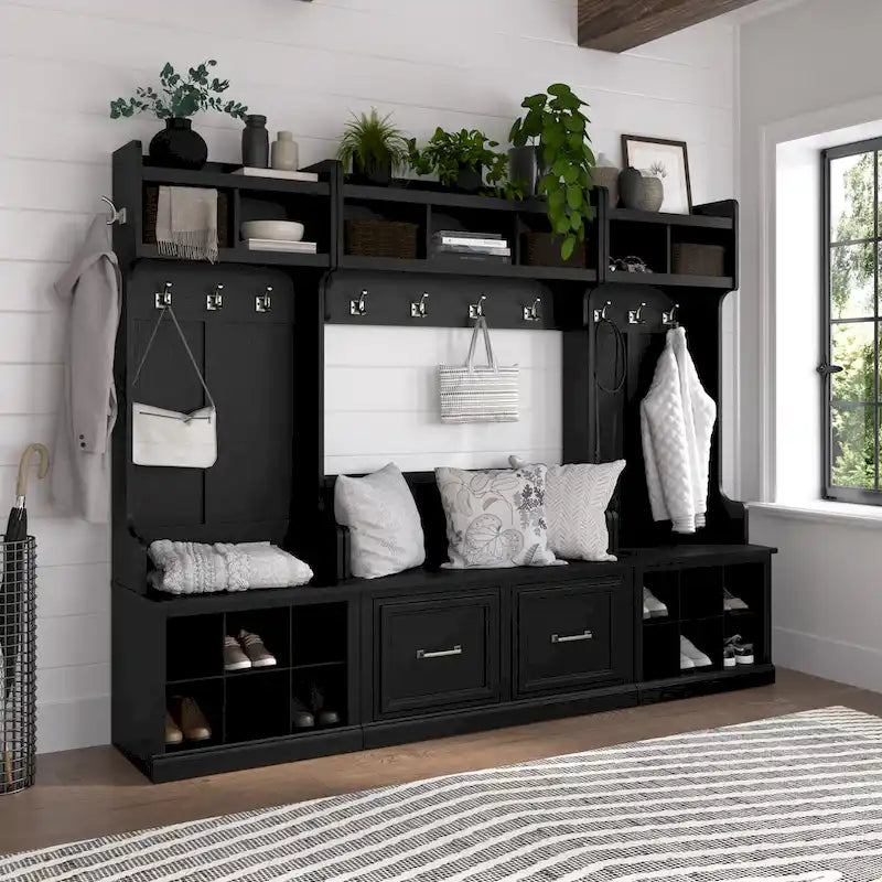 Woodland 40W Shoe Bench w/ Shelves & Wall Coat Rack by Bush Furniture