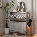 Fluted Shoe Cabinet for Entryway, Slim Shoe Storage Cabinet with 2 Flip Drawer and Solid Wood Legs Narrow Shoe Organizer