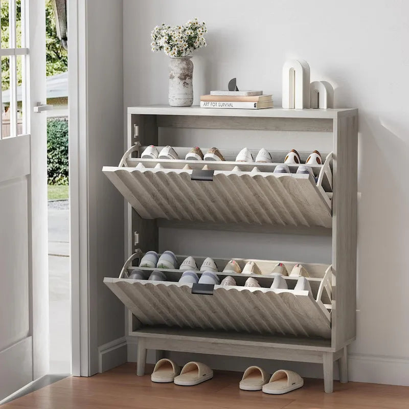 Fluted Shoe Cabinet for Entryway, Slim Shoe Storage Cabinet with 2 Flip Drawer and Solid Wood Legs Narrow Shoe Organizer