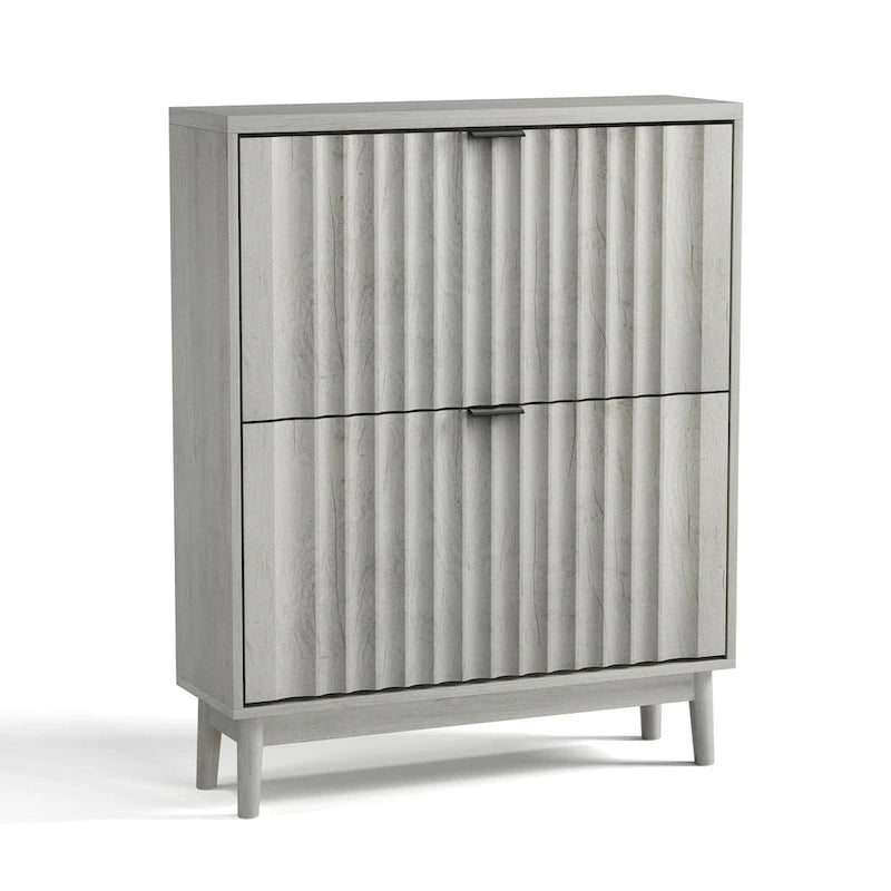 Fluted Shoe Cabinet for Entryway, Slim Shoe Storage Cabinet with 2 Flip Drawer and Solid Wood Legs Narrow Shoe Organizer