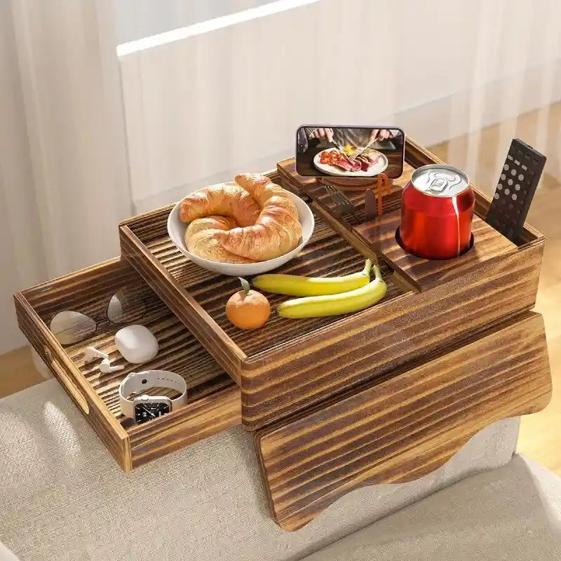 Brown Wooden Sofa Armrest Tray with Cup Holders - Multi-Person Use