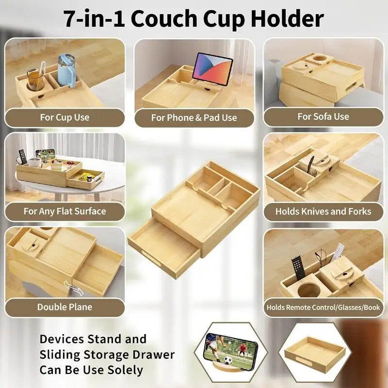 Brown Wooden Sofa Armrest Tray with Cup Holders - Multi-Person Use