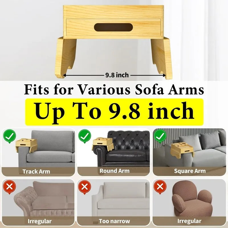Brown Wooden Sofa Armrest Tray with Cup Holders - Multi-Person Use