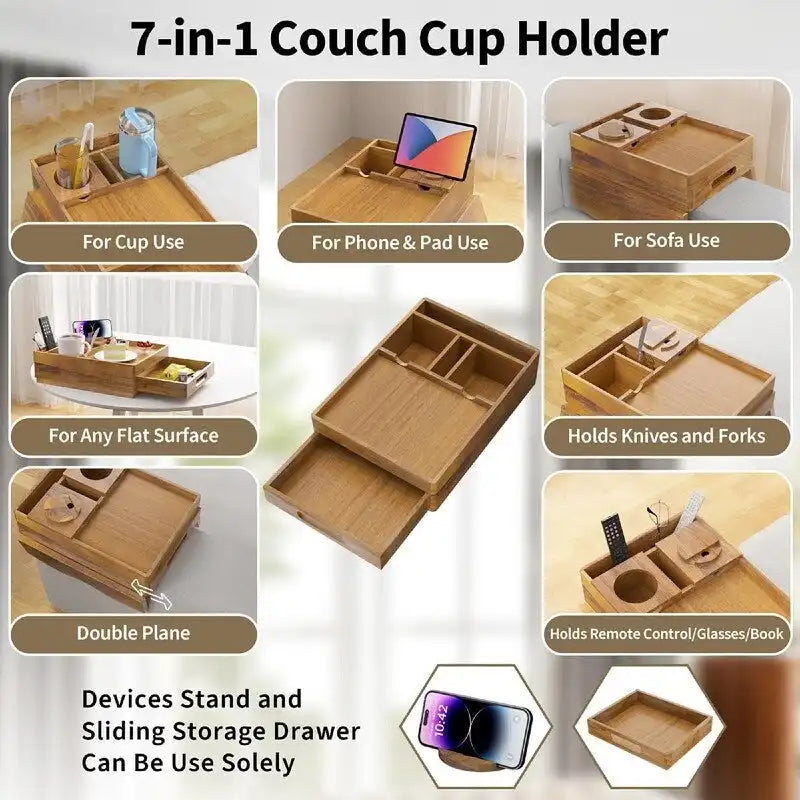 Brown Wooden Sofa Armrest Tray with Cup Holders - Multi-Person Use