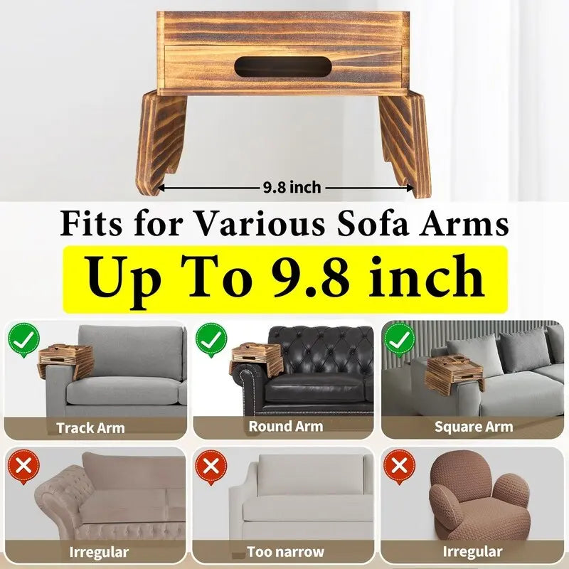 Brown Wooden Sofa Armrest Tray with Cup Holders - Multi-Person Use