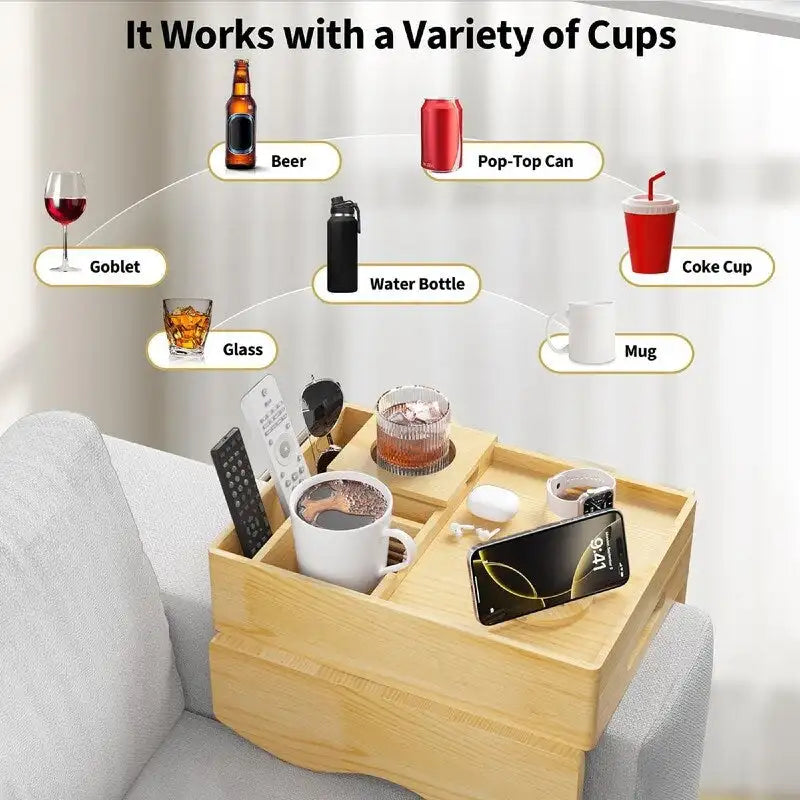 Brown Wooden Sofa Armrest Tray with Cup Holders - Multi-Person Use