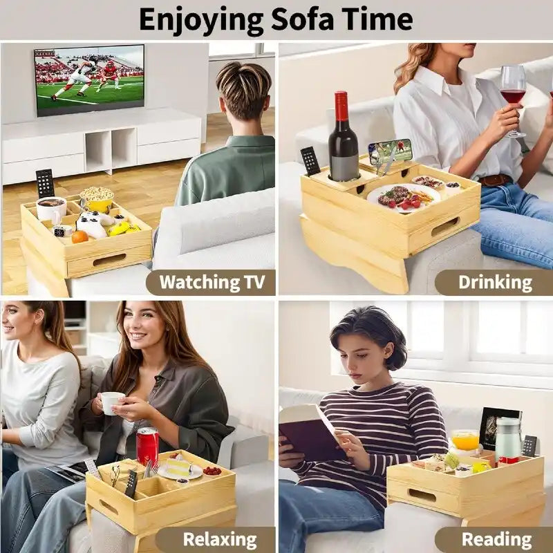 Brown Wooden Sofa Armrest Tray with Cup Holders - Multi-Person Use