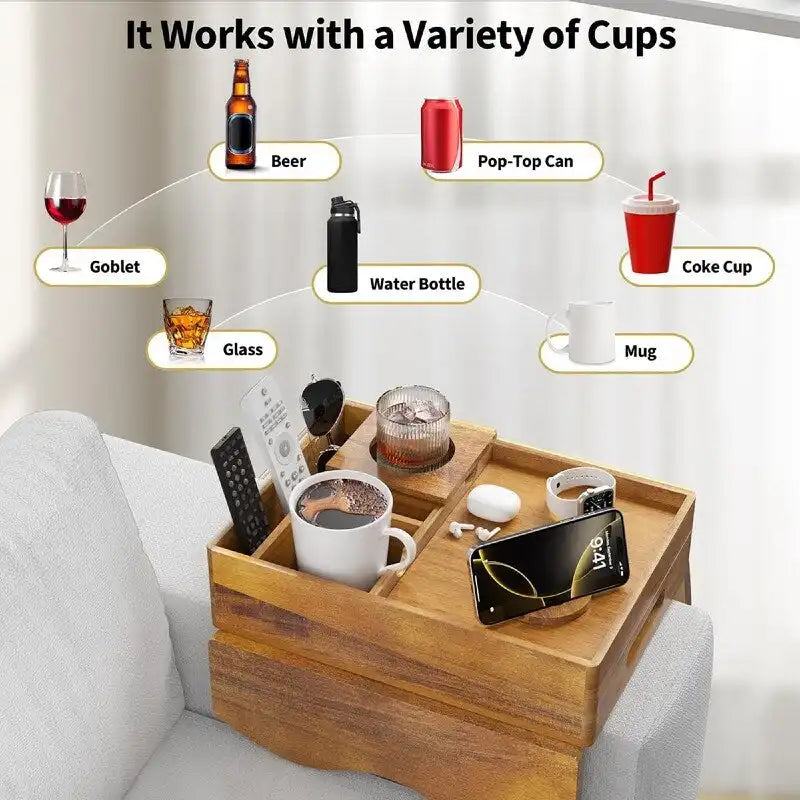 Brown Wooden Sofa Armrest Tray with Cup Holders - Multi-Person Use
