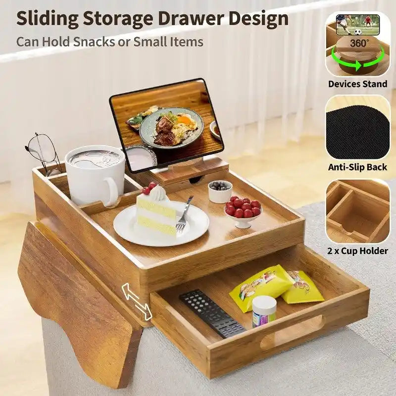 Brown Wooden Sofa Armrest Tray with Cup Holders - Multi-Person Use